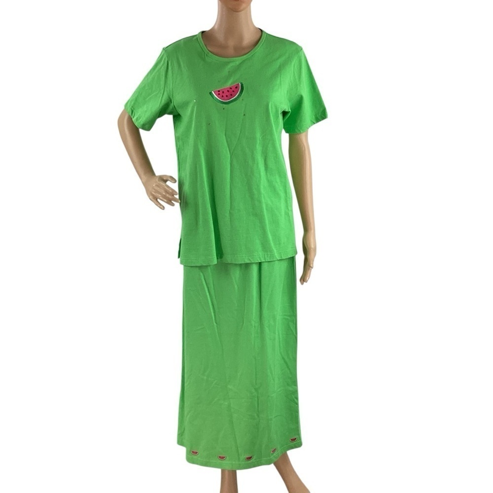 Quacker Factory Watermelon Embellished Green Top & Skirt Set M